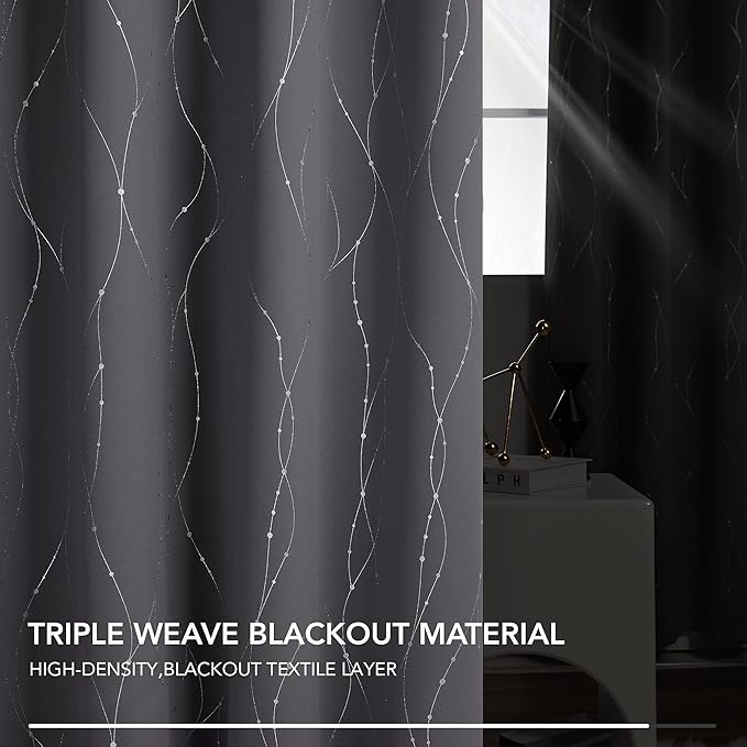 Deconovo Grey Blackout Curtains for Living Room, Thermal Insulated Soundproof Drapes, Wave Dots Foil Print, 52 x 72 Inches Long, 2 Panels, Machine‑Washable Window Panel for Bedroom Nursery Office