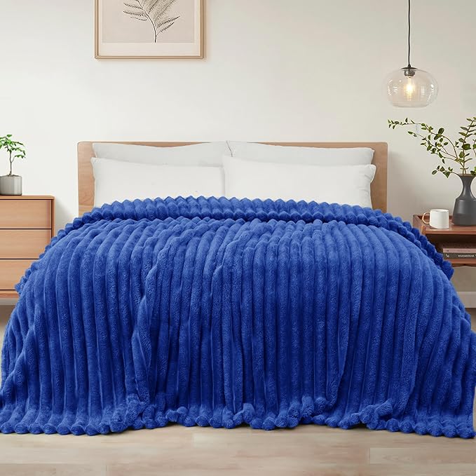 Exclusivo Mezcla King Size Flannel Fleece Blanket, Super Soft Striped Jacquard Bed Blanket, Lightweight Fuzzy Cozy for All Seasons, 90x104 Inches, Cobalt Blue