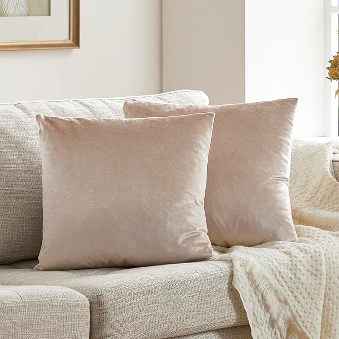 GIGIZAZA 22x22 Beige Pillow Covers: Pack of 2 Champagne Vintage Throw Pillows Super Soft Velvet Covers - Decorative Elegant Square Big Solid Cushion Covers Used for Couch,Living Room,Bedroom