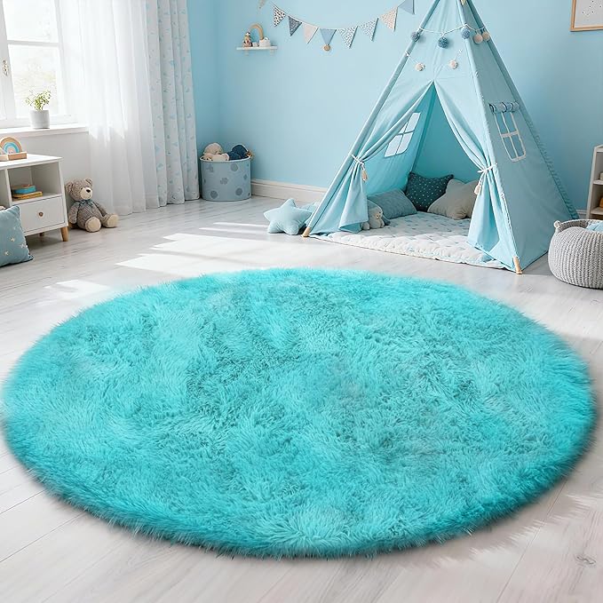 yulidayang Soft Round Area Rug for Kids Bedroom, Fluffy Fuzzy Shaggy Rug 4'X4'for Living Room, Non Slip Circle Plush Rug for Girls Room Nursery Dorm Decor,Light Blue