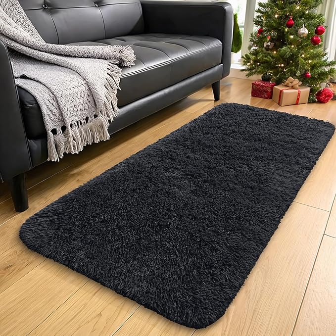 OLANLY 3x8 Machine Washable Runner Rugs for Hallway, Soft Fluffy Shaggy Bedside Rugs for Bedroom, Living Room, Indoor Floor Carpet for Kids Girls and Boys, Nursery Rooms, Home Decor Aesthetic, Black
