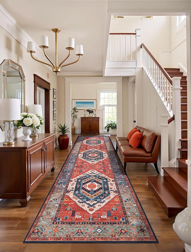 SERISSA Runner Rug for Hallways, 3x8 Washable Non Slip Kitchen Runner Rug, Long Boho Rug Vintage Rust Hallway Stair Ultra Soft Print Floor Carpet for Bedroom Bathroom Laundry Room