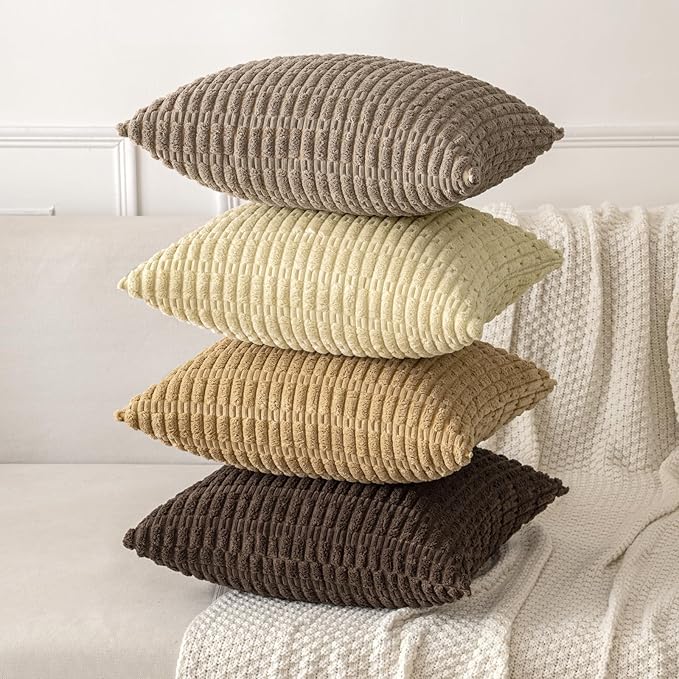 MIULEE Pack of 2 Corduroy Decorative Throw Pillow Covers 18x18 Inch Soft Boho Striped Pillow Covers Modern Farmhouse Home Decor for Sofa Living Room Couch Bed Beige