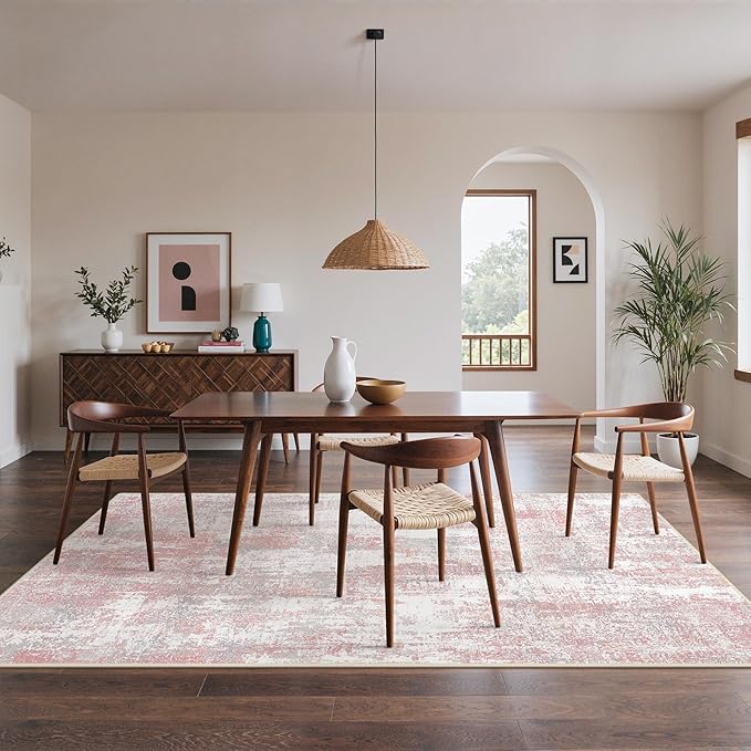 Area Rugs 9x12 for Living Room Bedroom, Modern Abstract Machine Washable Rug, Large Soft Low Pile Floor Carpet with Non Slip Backing for Dining Room, Pink/Grey