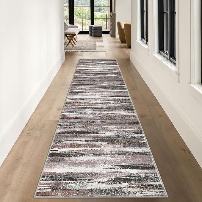 Lansny Modern Abstract Runner Rug 3x10, Dark Light Brown White Washable Kitchen Runner Non-Slip Soft Hallway Rug Runner Thin Print Faux Wool Carpet for Entryway Bedroom Laundry Room Indoor