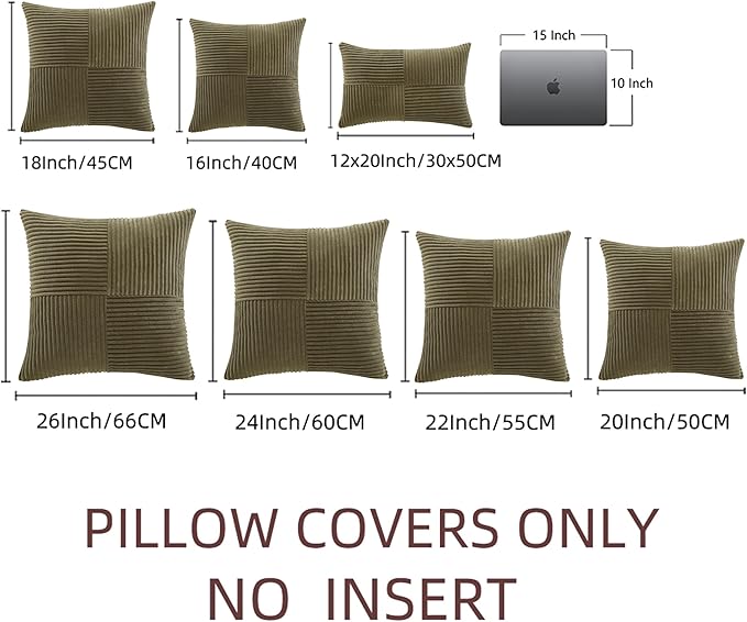 Fancy Homi 2 Packs Olive Green Euro Decorative Throw Pillow Covers 26x26 Inch for Living Room Couch Bed, Rustic Farmhouse Boho Home Decor, Soft Corss Corduroy Patchwork Textured Cushion Case 66x66 cm