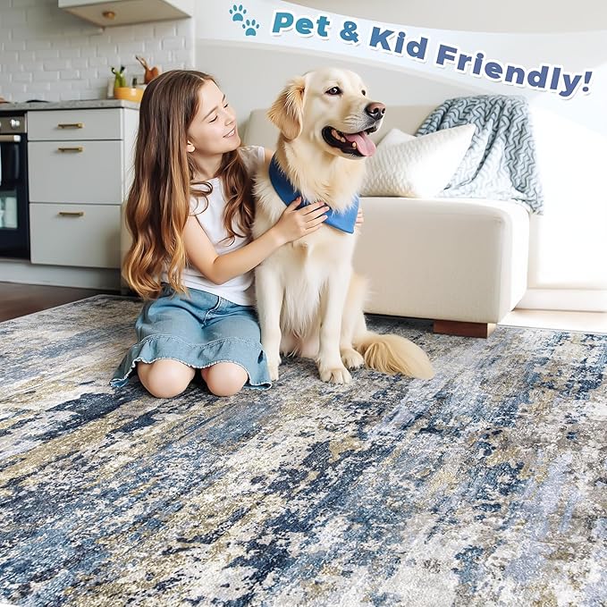 pmtsns Area Rugs 5x7 for Living Room: Washable Rug Modern Abstract Neutral Soft Non-Slip Low-Pile Indoor Carpet for Bedroom Dining Room Playroom Home Office (Blue Grey Brown, 5'x7')