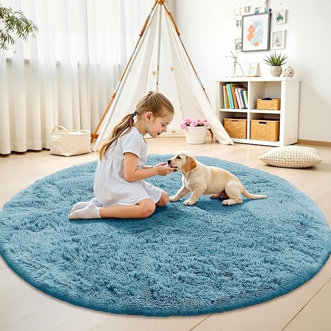 OLANLY Slate Blue Round Rugs for Bedroom - Machine Washable, 5 ft Circle Area Rugs for Living Room, Soft and Fluffy Shaggy Carpet for Teen Girl and Boys, Nursery Rooms, Dorms, Home Decor Aesthetic