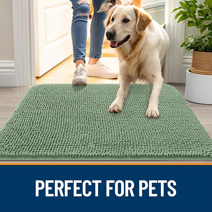 OLANLY Dog Door Mat for Muddy Paws 47x32, Absorbs Moisture and Dirt, Absorbent Non-Slip Washable Doormat, Quick Dry Chenille Mud Mat, Entry Indoor Entryway Carpet for Inside Floor, Olive Green