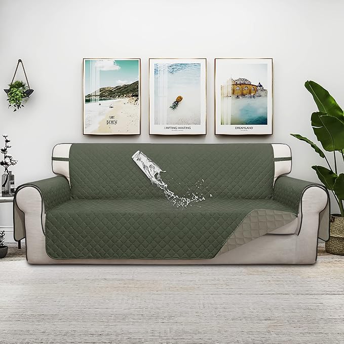 ISSUNTEX Double Protection 100% Waterproof Sofa Covers for Living Room, Couch Covers for 3 Cushion Couch Sofa, Reversible Furniture Protector Sofa Cover for Dogs (Oversized Sofa, Greyish Green/Beige)