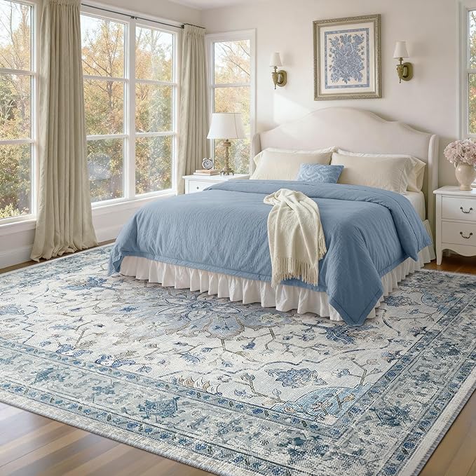 RELEANY Area Rugs 9'x12' Washable Non-Slip, Floral Vintage Distress Print Pattern Medallion Carpet for Living Room Bedroom Dining Room, Light Blue Navy Beige Gray White