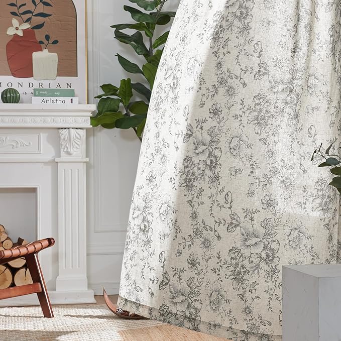 jinchan Linen Blend Curtain Floral Curtains for Living Room 45 Inch Length Grey Printed Curtain Rod Pocket Back Tab Farmhouse Peony Flower Patterned Drapes Bedroom Window Curtains Set 2 Panels