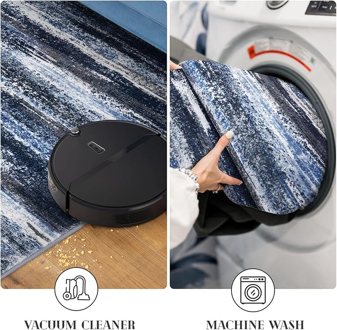 Lansny Modern Abstract Runner Rug 2x6, Navy Blue Washable Kitchen Runner Non-Slip Soft Hallway Rug Runner Thin Print Faux Wool Carpet for Entryway Bedroom Laundry Room Indoor Home Decor