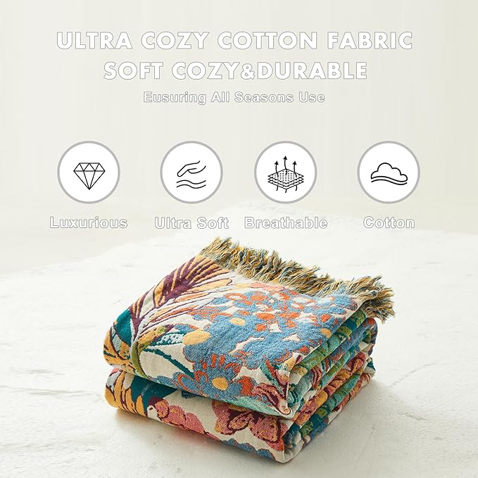MSGKV Boho Throw Blanket for Couch 50"x60" 100% Cotton Vine Embroidery Blanket Bed Chair Sofa Blankets Muslin Spring Breathable All Seasons Lightweight Farmhouse Blankets Home Decor