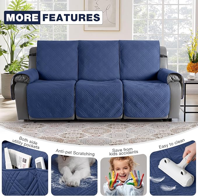 TAOCOCO 100% Waterproof Recliner Sofa Cover, Non Slip Split Couch Covers for Reclining Couches with Straps, Washable Reclining Sofa Cover Furniture Protector for Kids Pets(3 Seater, Ocean Blue)