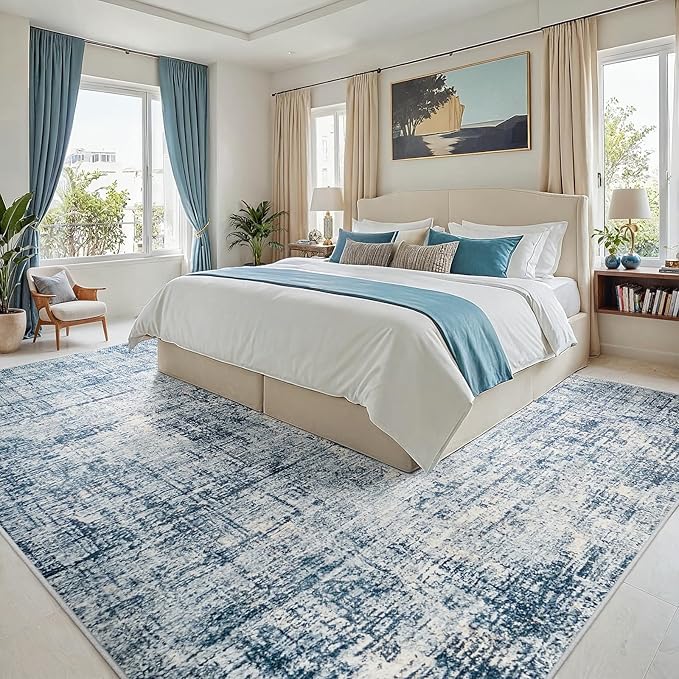 10x14 Area Rugs for Living Room Washable Rug: Anti-Skid Abstract Modern Living Room Rug Soft Thin Carpets Indoor Floor Non-Shedding Carpet for Bedroom Dining Farmhouse Nursery Home Office Blue Gold