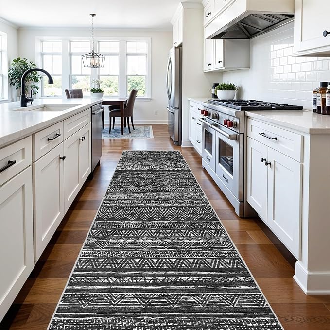 3x10 Washable Hallway Runner Rug - Moroccan Non-Slip Long Runners for Entryway Soft Modern Geometric Low-Pile Rugs for Kitchen Waterproof Neutral Carpet for Bedrooom Bathroom Laundry 3x10 Black