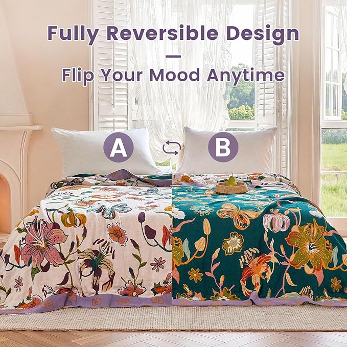 MSGKV Boho Throw Blanket 90"x90" Floral Blanket for Bed 100% Cotton Spring Breathable Lightweight Farmhouse Queen Blankets All Seasons Home Decor Muslin