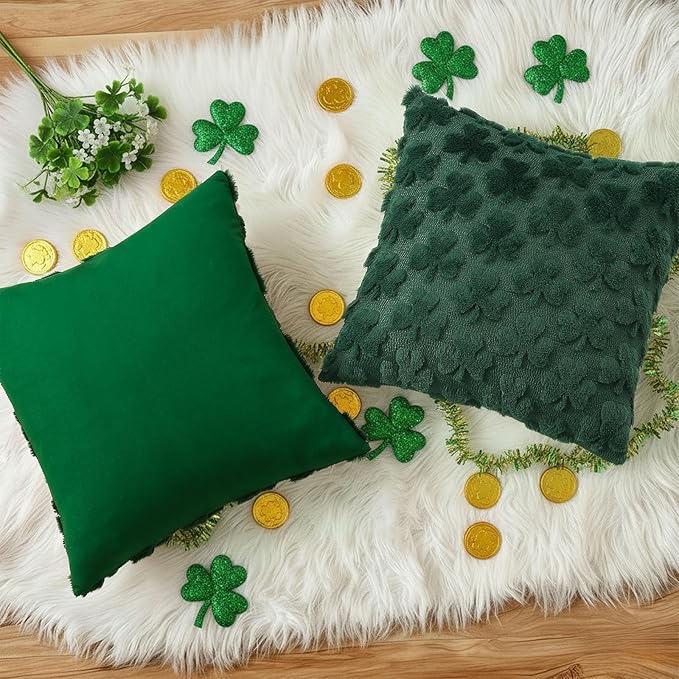 decorUhome St. Patrick’s Day Shamrock Green Pillow Covers 16x16 Inch Set of 2, Soft Plush Faux Wool Throw Pillow Covers, Farmhouse Spring Holiday Decor for Sofa Living Room
