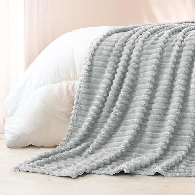 Exclusivo Mezcla California King Size Flannel Fleece Blanket, Super Soft Striped Jacquard Bed Oversized Blanket, Lightweight Fuzzy Cozy for All Seasons, 120x120 Inches, Light Grey