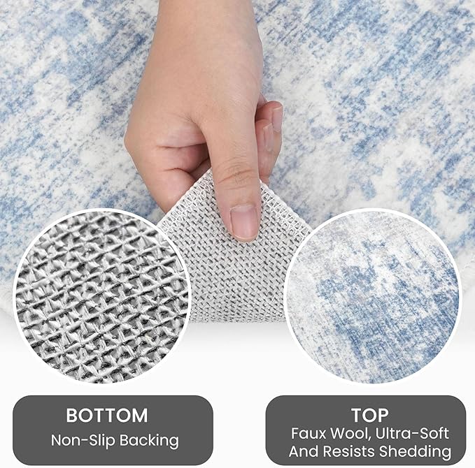 IOHOUZE Abstract Runner Rug 3x18 Ft Washable Runners for Hallways, Non Slip Kitchen Runner Printed Faux Wool Entryway Runner Indoor, Modern Abstract Floor Carpet for Hall Stair, Light Blue Grey