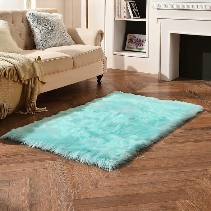 duduta Turquoise Blue Faux Sheepskin Fur Rug 3x5 ft, Fluffy Shag Bedroom Dorm Nursery Playroom Carpet Rug Non Slip Washable