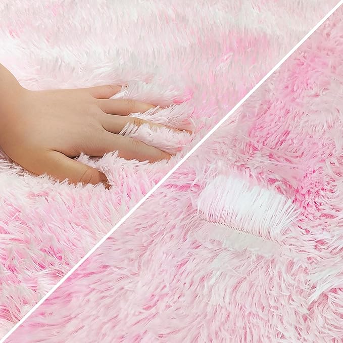 Super Soft Fluffy Living Room Area Rug 3x10 ft Tie-Dyed Light Pink Shaggy Furry Carpet Washable Non-Slip Floor Rugs Bedroom Bedside Nursery Kawaii Rug Fuzzy Girls Dorm Home Decor Aesthetic
