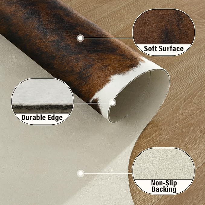AROGAN Western Decor Faux Fur Cowhide Rug, 6.2x7 Feet Premium Animal Skin Cow Hide Rug, Sturdy Cow Print Rugs for Wall Decor, Western Floor Carpet for Bedroom Living Room, Black and Brown