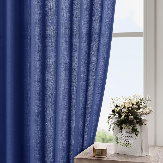 Classic Blue Linen Curtains 90 Inch Long 2 Panels Set for Bedroom Living Room Linen Textured Window Drapes Semi Sheer Light Filtering Rod Pocket Back Tab Cotton Textured Farmhouse Curtain 52x90