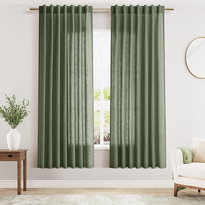 Nanspring Olive Green Linen Curtains for Living Room 2 Panels Set 80 Inch Length Back Tab Light Filtering Semi Sheer Curtain Drapes for Bedroom 52x80