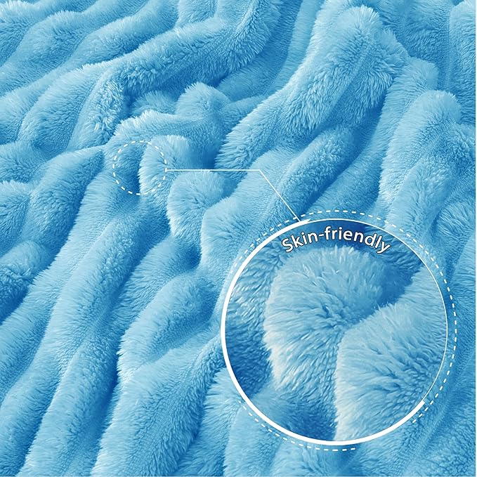 Exclusivo Mezcla Fleece Throw Blanket for Couch, Super Soft Striped Jacquard Bed Blanket, Lightweight Fuzzy Cozy for All Seasons, 50x60 Inches, Blue