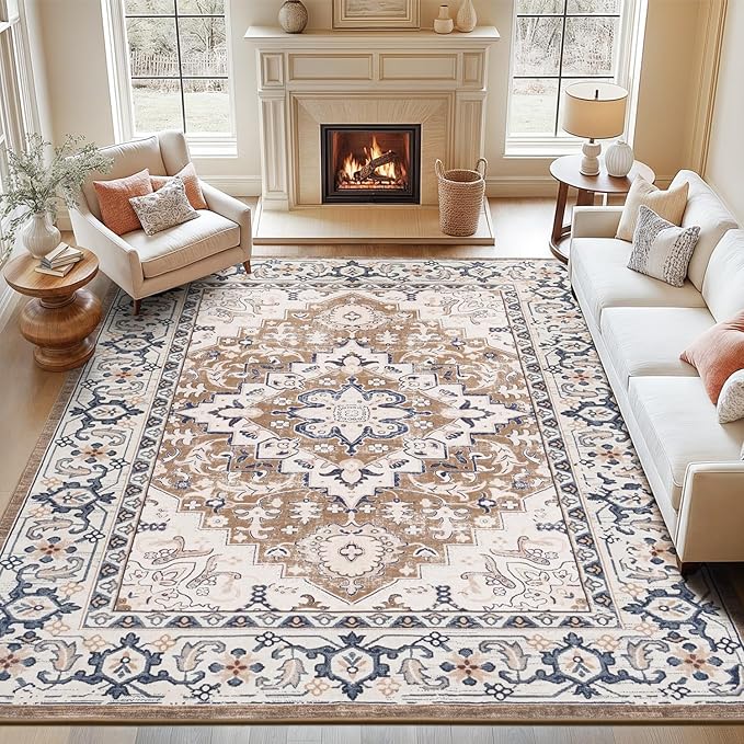 Lofus 10x14 Area Rugs for Living Room, Washable Area Rug, Big Rugs for Bedroom, Kitchen, Vintage Boho Carpet, Soft Non-Slip, Low Pile Large Area Rug for Office Dining Room, Floral Brown