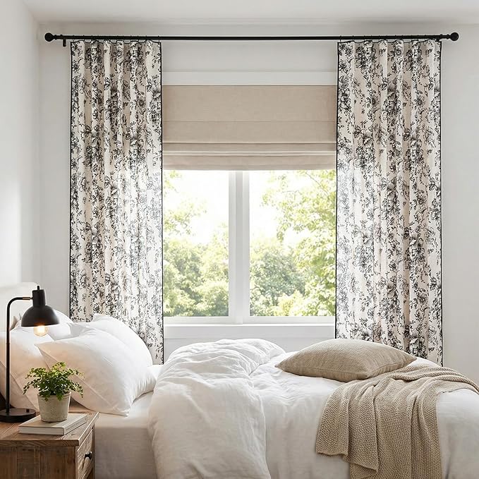 jinchan Linen Blend Floral Curtains French Country Curtain for Living Room 96 Inch Length Black Printed Curtain Rod Pocket Back Tab Farmhouse Peony Flower Patterned Drapes Window Curtains Set 2 Panels