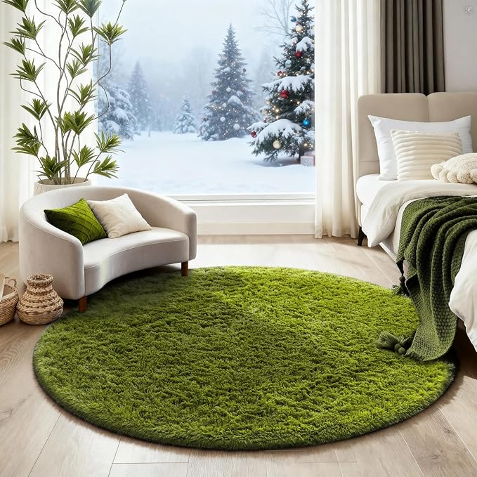 Ophanie Green Round Rug 4Ft Circle Area Rug, Green Room Decor, Fluffy Fuzzy Bedroom Carpet, Plush Soft Shaggy Living Room Rugs for Kids Home Decor Aesthetic, Nursery