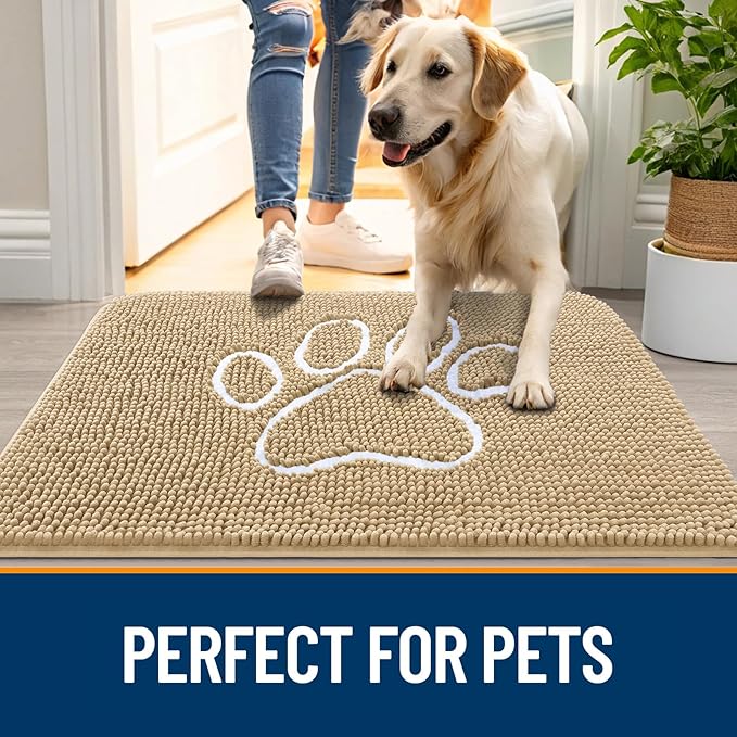 OLANLY Dog Door Mat for Muddy Paws 44x24, Paw Print Design, Absorbs Moisture and Dirt, Absorbent Non-Slip Washable Doormat, Quick Dry Chenille Mud Mat for Dogs, Entry Indoor Entryway Carpet, Beige