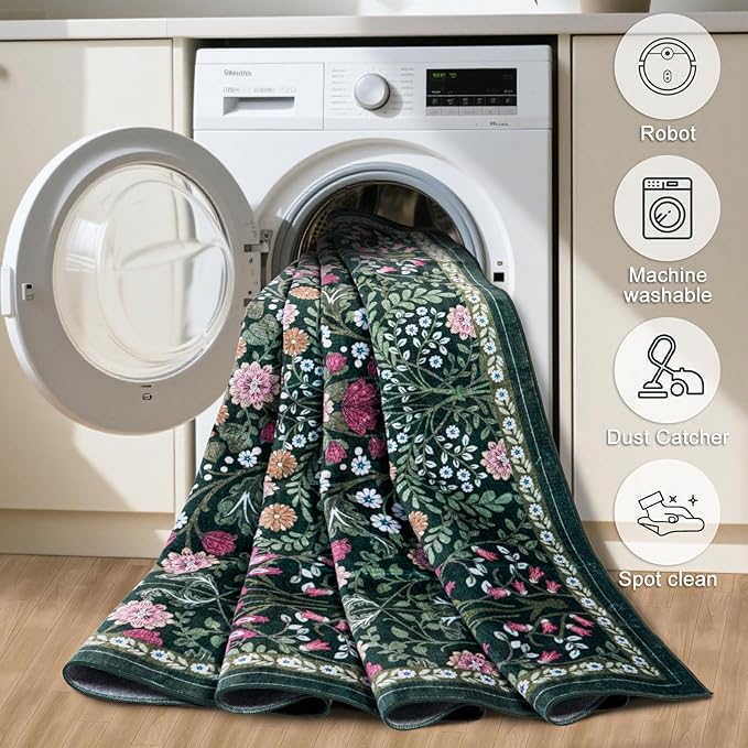 Area Rug Living Room Rugs: Floral 5x7 Washable Rug Vintage Soft Boho Non-Slip Carpet Indoor Floor Stain Resistant Large Carpets for Bedroom Dining Room Farmhouse Nursery Hallway Home Office Dark Green