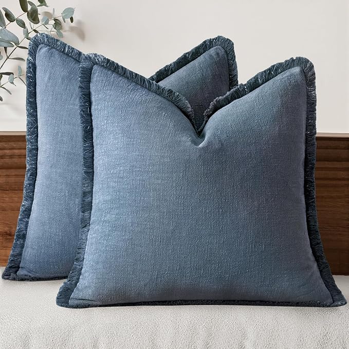 MIULEE Decorative Throw Pillow Covers Neutral Linen Fringe Throw Pillows Set of 2 Blue Ashes Boho Farmhouse Cushion Covers with Tassels for Couch Sofa Bed Spring Home Decor 24x24 Inch