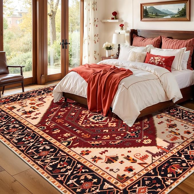 SERISSA 5x7 Boho Area Rug, Washable Non-Slip Rugs for Living Room, Large Red Black Rug Ultra Soft Vintage Oriental Print Distressed Carpet for Bedroom Dining Room Dorm Office Home Decor