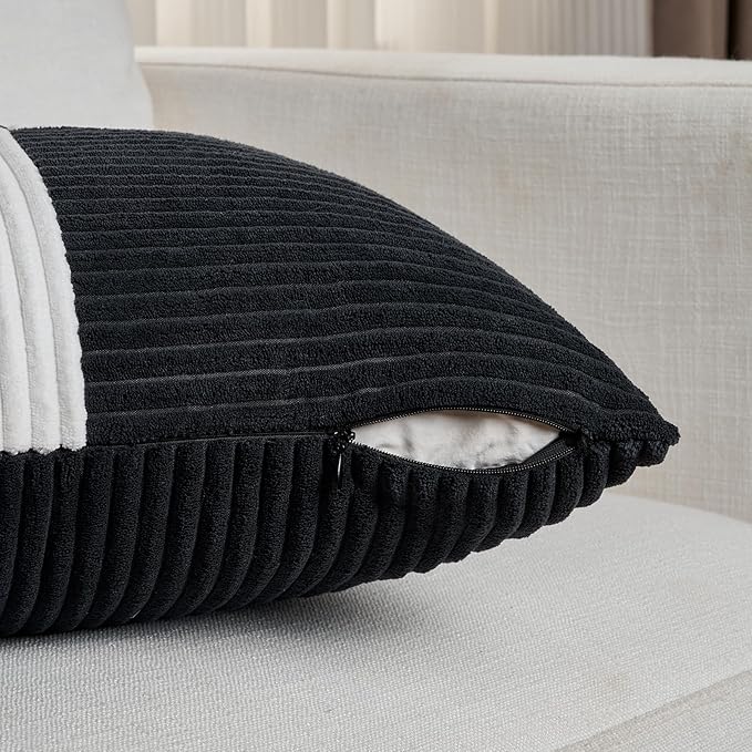 Fancy Homi Set of 2 Black White Decorative Throw Pillow Covers 22x22 Inch for Living Room Couch Bed Sofa, Farmhouse Boho Home Decor, Soft Cross Corduroy Patchwork Accent Square Cushion Case 55x55 cm