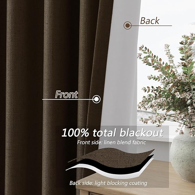 Guken Chocolate 100% Blackout Linen Curtains 102 Inch Length 2 Panels Set for Living Room Bedroom Back Tab/Rod Pocket Thermal Insulated Farmhouse Black Out Drapes Room Darkening,52x102