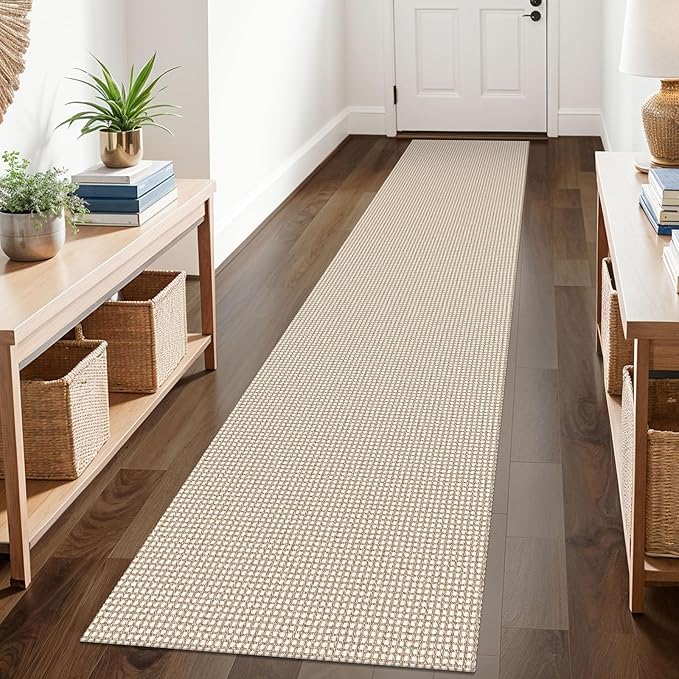 KOZYFLY Runners for Hallways 2x10 ft Washable Kitchen Runner Non Slip Rubber Backed Hallway Rugs Cotton Entryway Runner Rug Floor Carpet for Indoor Hall, Backdoor, Kitchen, Ivory/Khaki