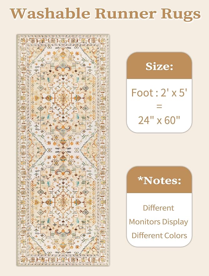 SERISSA Boho Washable Runner Rug, 2x5 Rug Runner Non-Slip Vintage Light Yellow Hallway Kitchen Runner Rug Ultra Soft Print Distressed Floor Carpet Runner for Bedroom Bathroom Laundry Living Room