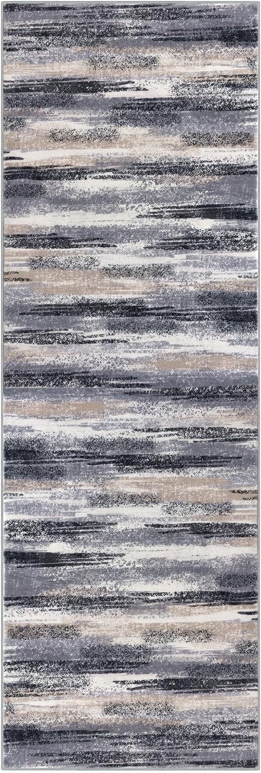 Lansny Modern Abstract Runner Rug 3x8, Grey Black Multi Washable Kitchen Runner Non-Slip Soft Hallway Rug Runner Thin Print Faux Wool Carpet for Entryway Bedroom Laundry Room Indoor Home Office Decor