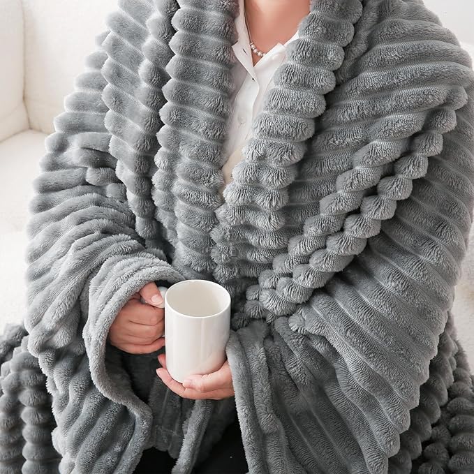 Grey Fleece Throw Blanket 108”×90” for Couch Sofa Bed,Super Soft Cozy Plush Microfiber Flannel Blanket with Stripes Design Lightweight for Adults,Woman,Girls