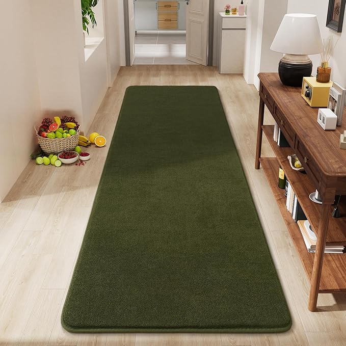 Amearea Modern Soft Hallway Runner Rug, 2x6 Fluffy Bedroom Bedside Rugs, Washable Long Runner Rugs for Hallway, Non Slip Memory Foam Rug Carpet for Entrance Kitchen Living Room Decor, Olive Green