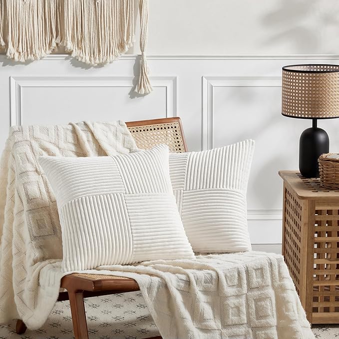 Fancy Homi 2 Packs Cream White Decorative Throw Pillow Covers 20x20 Inch for Living Room Couch Bed Sofa, Farmhouse Boho Home Decor, Soft Corss Corduroy Patchwork Accent Square Cushion Case 50x50 cm