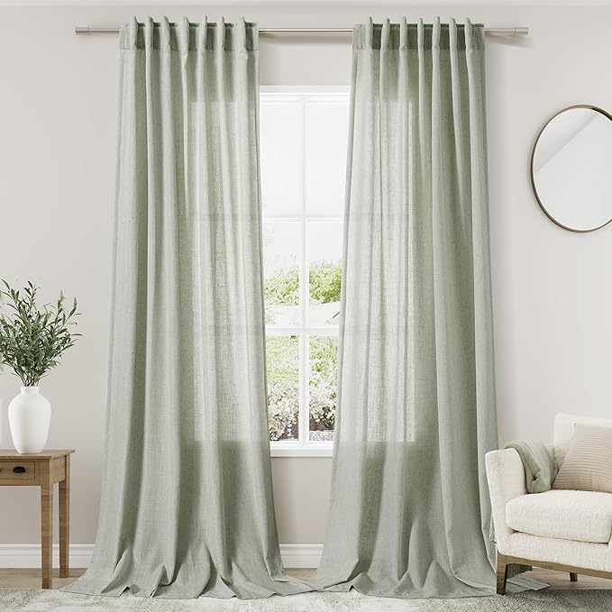 Extra Long Sage Green Curtain 2 Panels 108 inches Long for Living Room Back Tab Pocket Light Filtering Semi Sheer Drapes Cotton Linen Textured Pale Green Window Curtain 108 inch Length 9 FT Tall