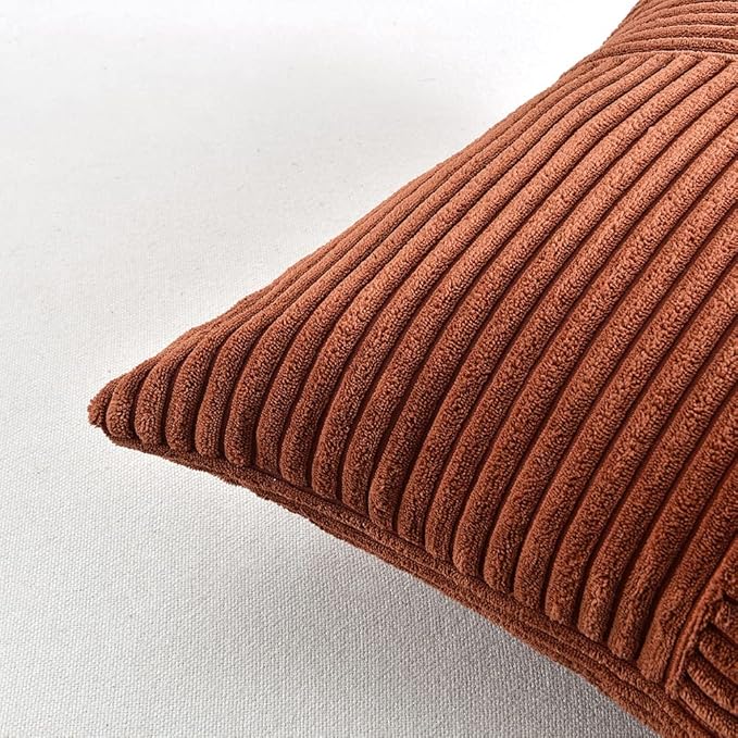 Fancy Homi 2 Packs Rust Lumbar Decorative Throw Pillow Covers 16x28 Inch for Bedroom Couch Bed, Rustic Farmhouse Boho Home Decor, Soft Striped Corduroy Rectangle Accent Terracotta Cushion Case 40x70cm