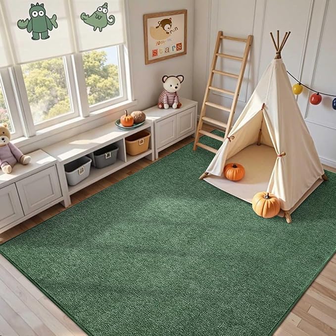 FinRèc 5x7 Washable Area Rugs for Bedroom Living Room, Low Pile Thin Rug Solid Color, Non-Slip Carpet Indoor for Home Decor (Green)