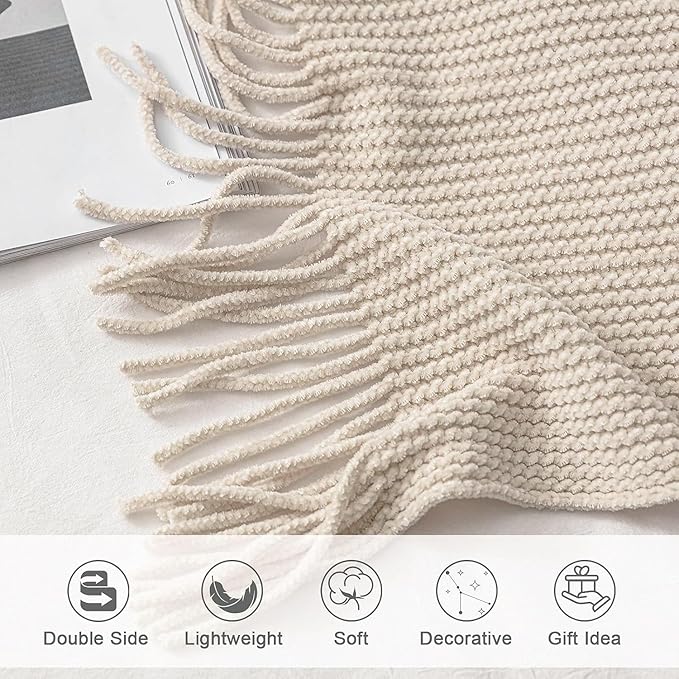 lifein Chenille Throw Blanket 60x80 - Soft Boho Knitted Blanket for Couch Cozy Farmhouse Decor Bed Throw, Lightweight All Season White/Cream Blanket, Decorative for Living Room Bedroom Spring Decor